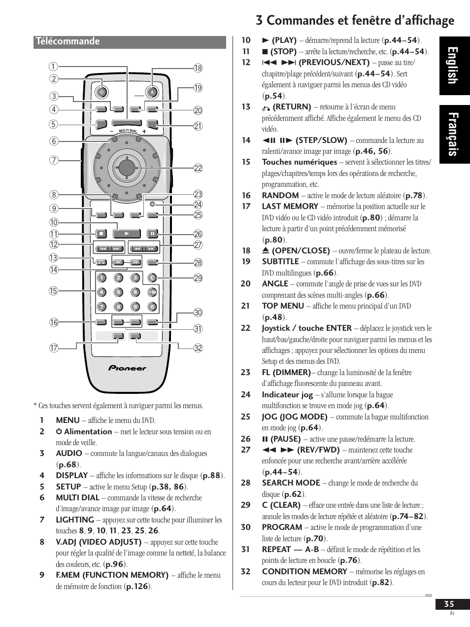 Télécommande, 3 commandes et fenêtre d’affichage, English français | Pioneer DV-737 User Manual | Page 35 / 156