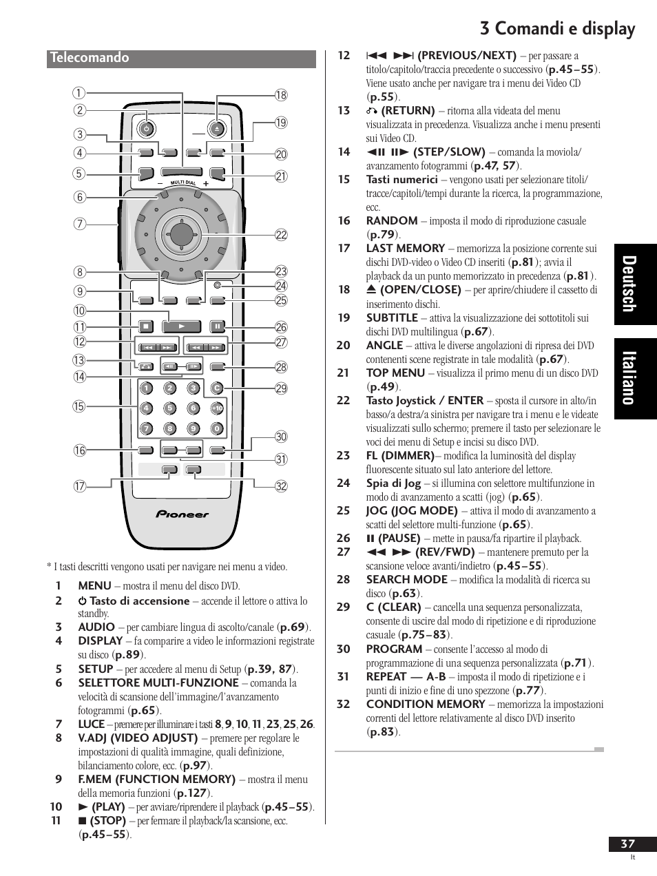 Telecomando, 3 comandi e display, Deutsch italiano | Pioneer DV-737 User Manual | Page 37 / 156