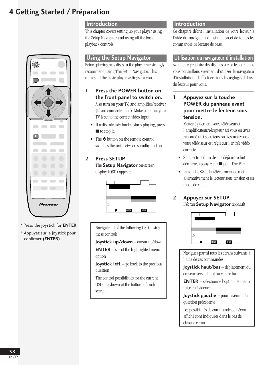 Introduction using the setup navigator, 4 getting started / préparation, Introduction | Using the setup navigator, Utilisation du navigateur d’installation, 2press setup, 2appuyez sur setup | Pioneer DV-737 User Manual | Page 38 / 156