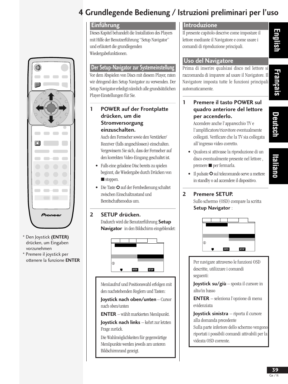 Introduzione uso del navigatore, English français deutsch italiano, Introduzione | Uso del navigatore, Einführung, Der setup-navigator zur systemeinstellung, 2premere setup, 2setup drücken | Pioneer DV-737 User Manual | Page 39 / 156