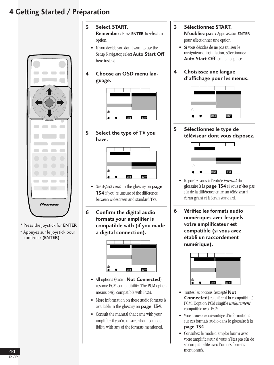 4 getting started / préparation, 3select start, 4choose an osd menu lan- guage | 5select the type of tv you have, 3sélectionnez start, Remember: press, N’oubliez pas : appuyez sur, Press the joystick for enter, Appuyez sur le joystick pour confirmer (enter) | Pioneer DV-737 User Manual | Page 40 / 156