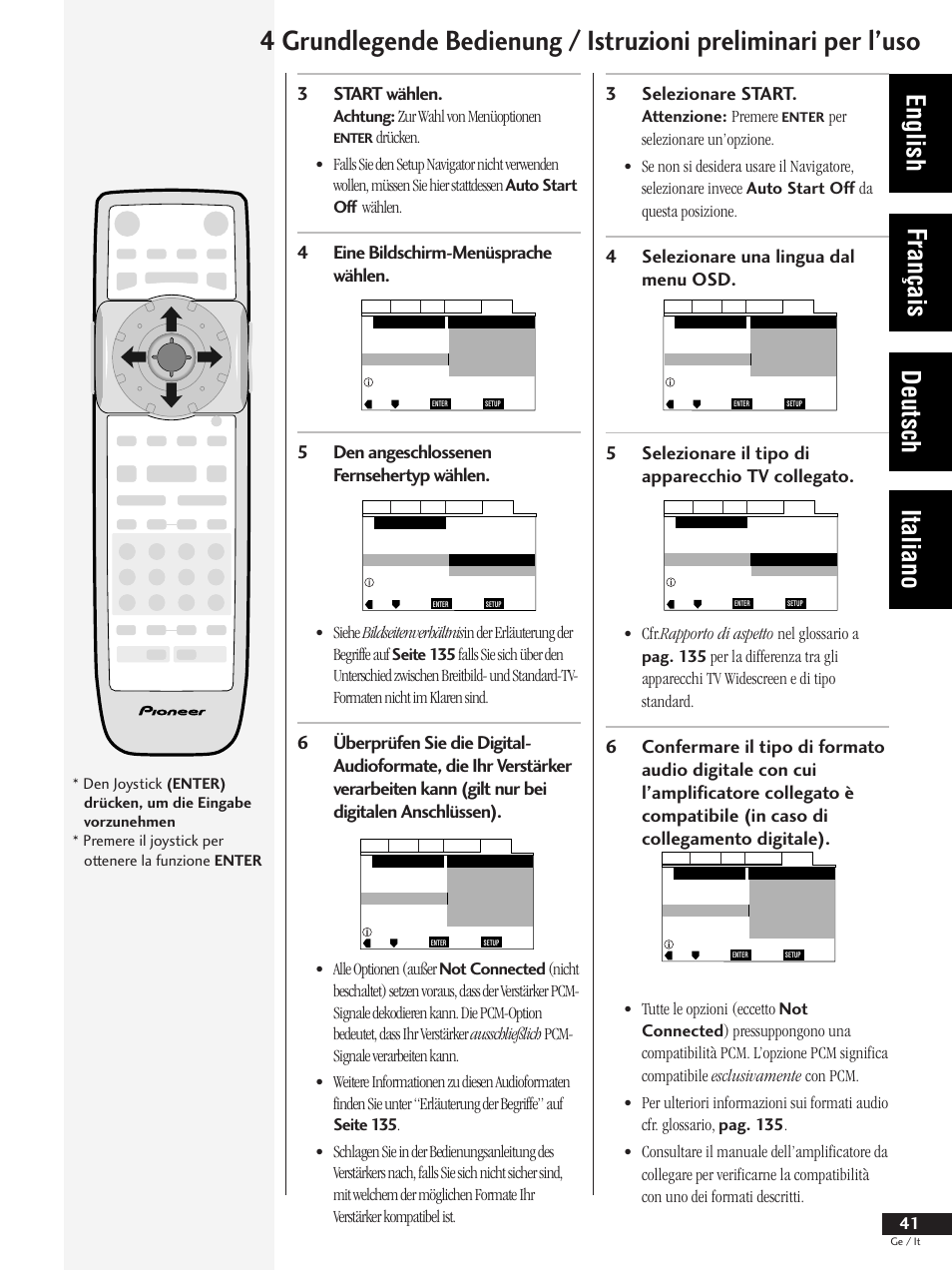 English français deutsch italiano, 3selezionare start, 3start wählen | Attenzione: premere, Achtung: zur wahl von menüoptionen, Premere il joystick per ottenere la funzione enter | Pioneer DV-737 User Manual | Page 41 / 156