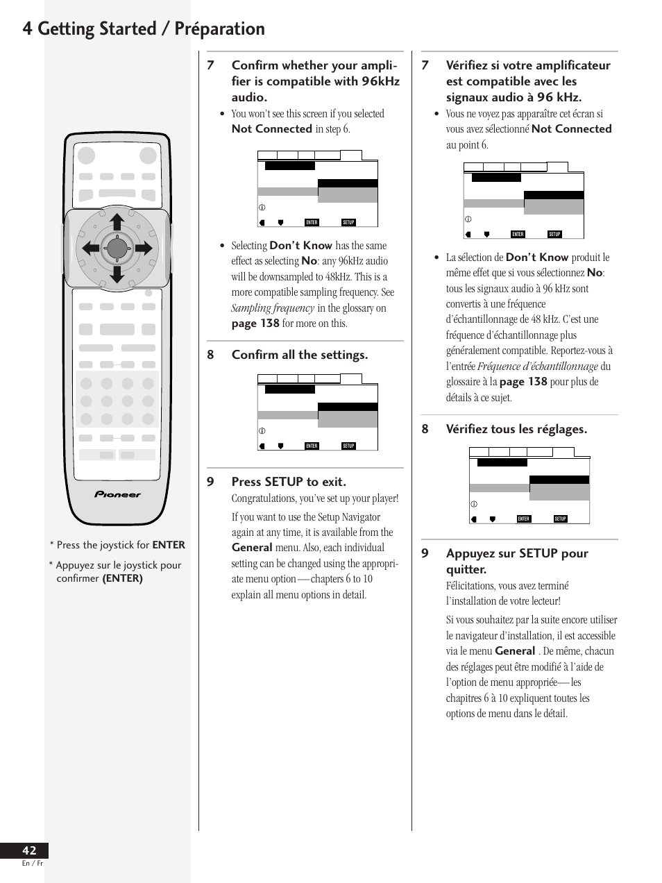 4 getting started / préparation, 8confirm all the settings, 9press setup to exit | Press the joystick for enter, Appuyez sur le joystick pour confirmer (enter) | Pioneer DV-737 User Manual | Page 42 / 156