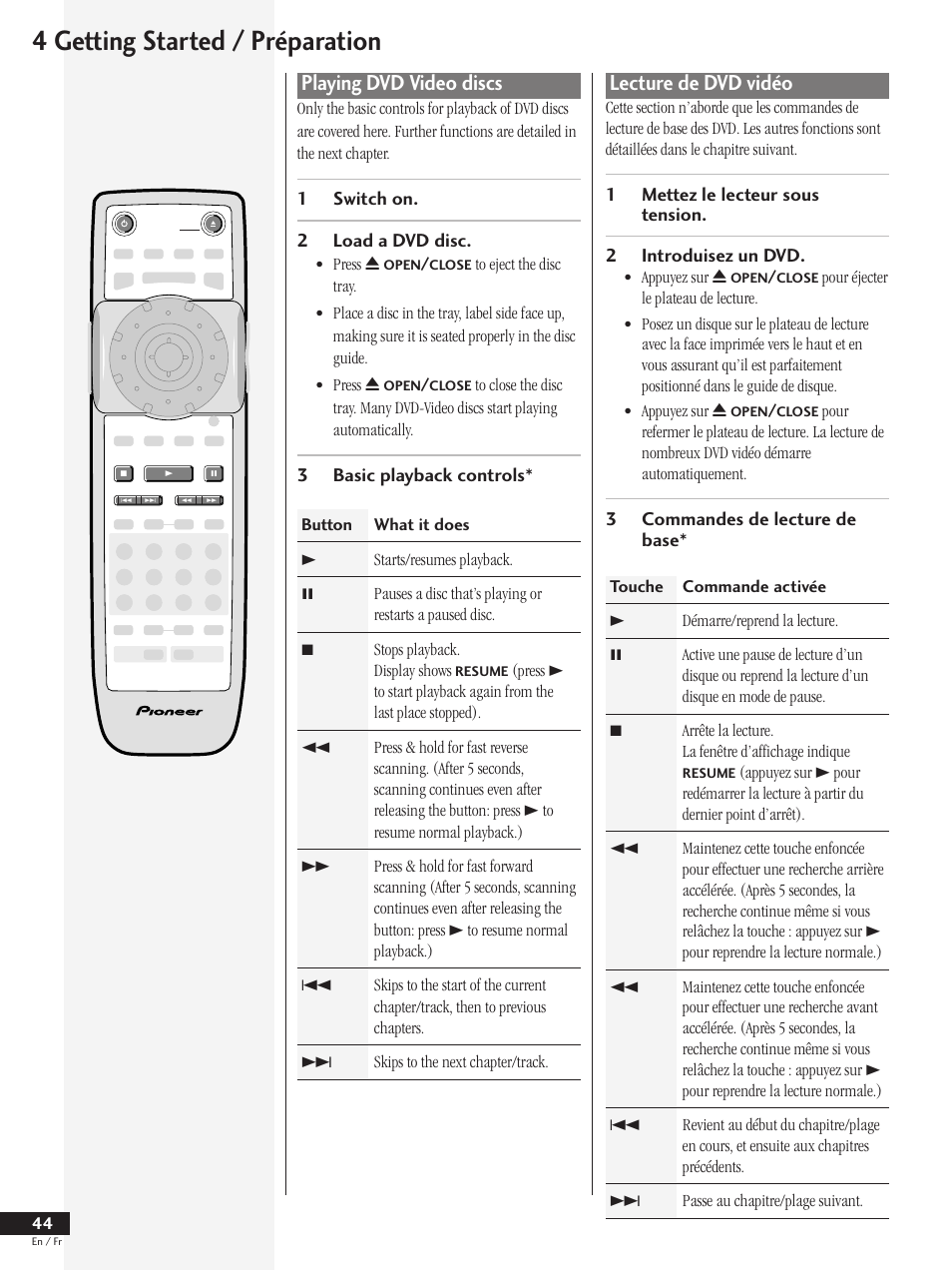 Playing dvd video discs, Lecture de dvd vidéo, 4 getting started / préparation | Pioneer DV-737 User Manual | Page 44 / 156