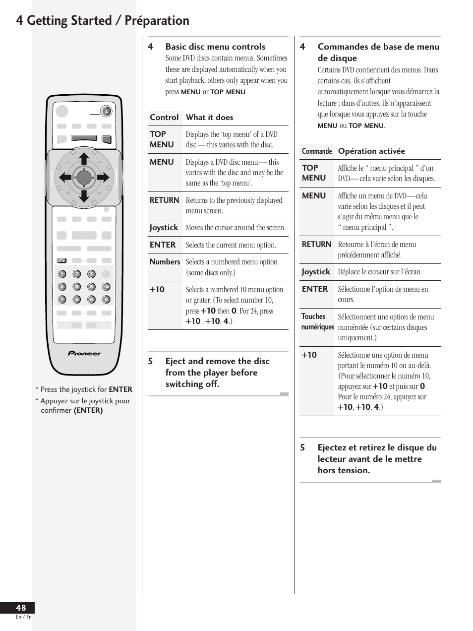 4 getting started / préparation, 4basic disc menu controls, 4commandes de base de menu de disque | Pioneer DV-737 User Manual | Page 48 / 156