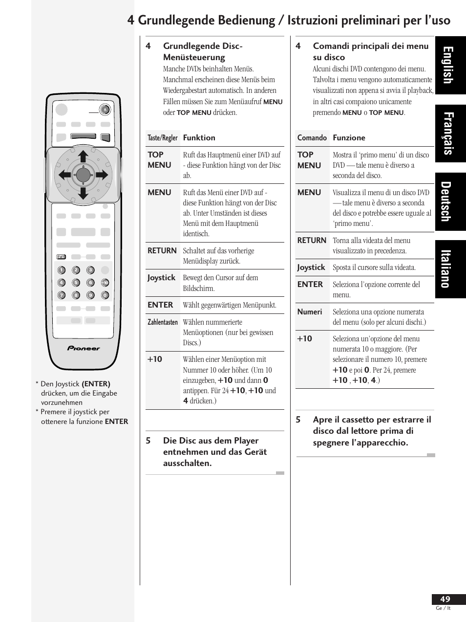 English français deutsch italiano, 4comandi principali dei menu su disco, 4grundlegende disc- menüsteuerung | Pioneer DV-737 User Manual | Page 49 / 156