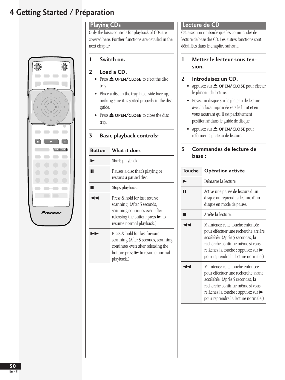 Playing cds, Lecture de cd, 4 getting started / préparation | Pioneer DV-737 User Manual | Page 50 / 156