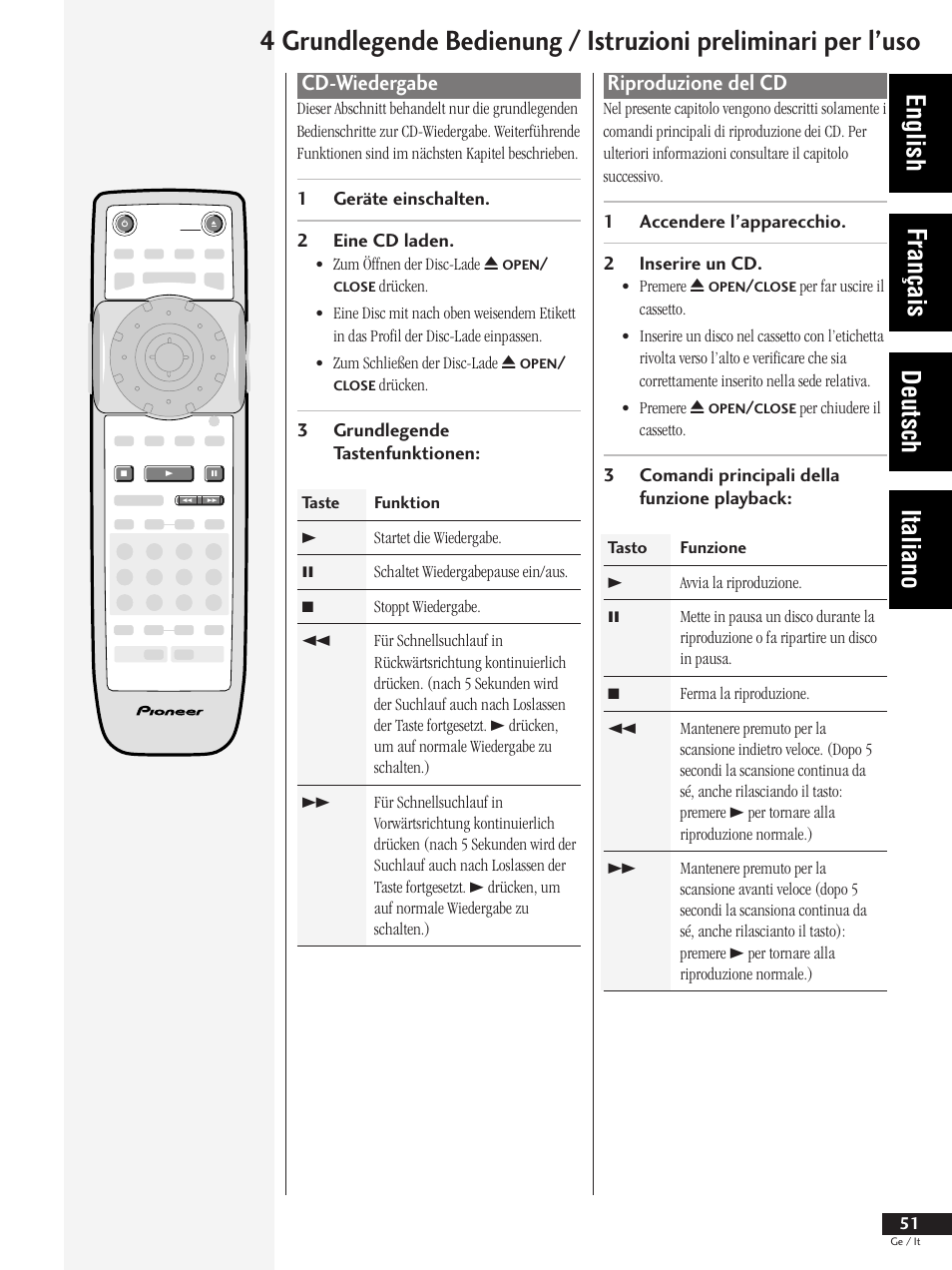 Cd-wiedergabe, Riproduzione del cd, English français deutsch italiano | Pioneer DV-737 User Manual | Page 51 / 156