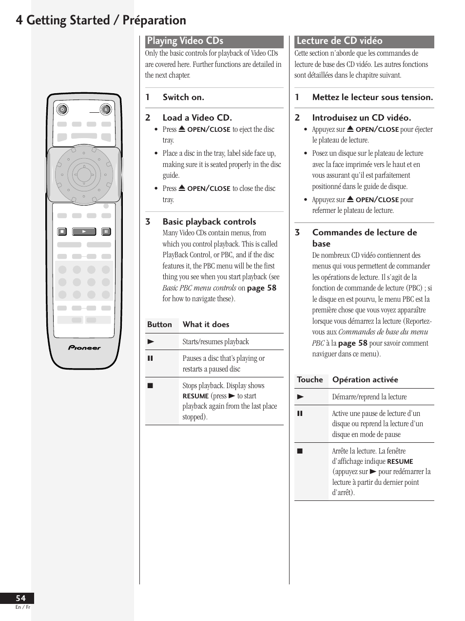 Playing video cds, Lecture de cd vidéo, 4 getting started / préparation | Pioneer DV-737 User Manual | Page 54 / 156