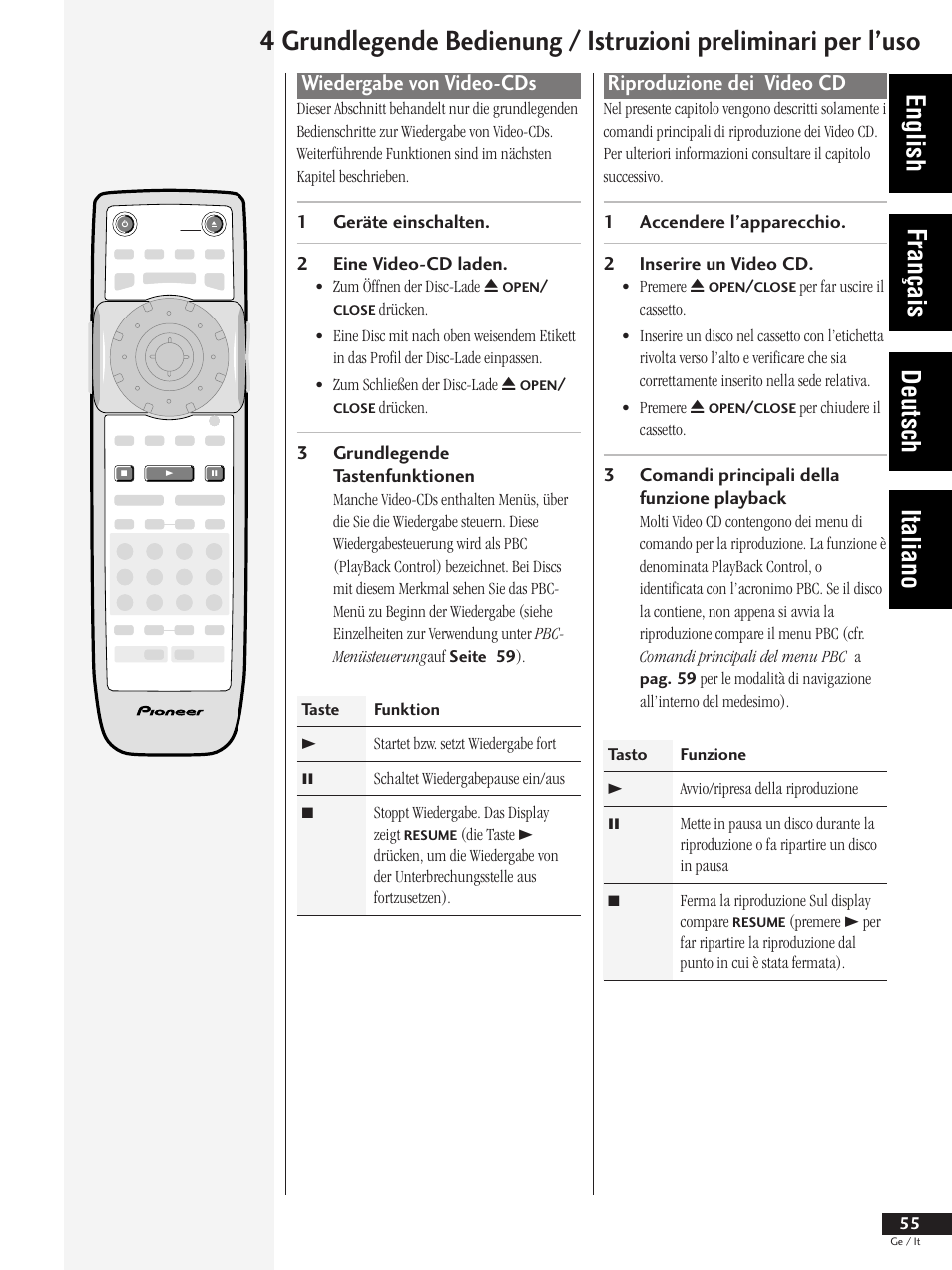 Wiedergabe von video-cds, Riproduzione dei video cd, English français deutsch italiano | Pioneer DV-737 User Manual | Page 55 / 156