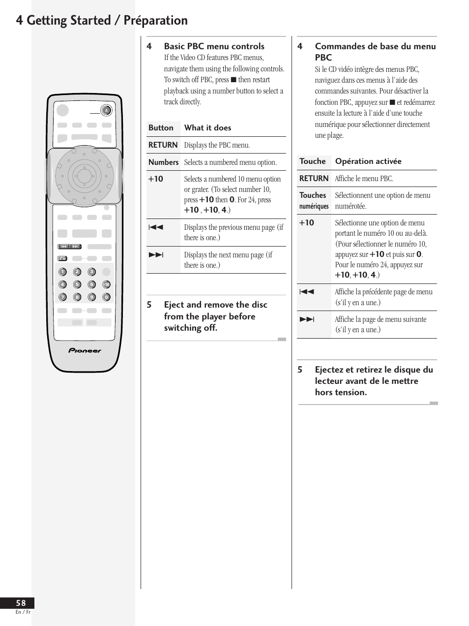 4 getting started / préparation, 4basic pbc menu controls, 4commandes de base du menu pbc | Pioneer DV-737 User Manual | Page 58 / 156