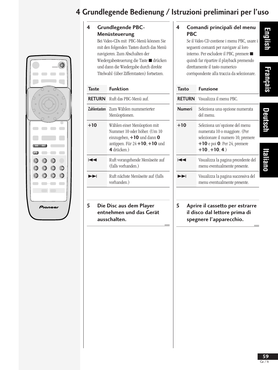 English français deutsch italiano, 4comandi principali del menu pbc | Pioneer DV-737 User Manual | Page 59 / 156