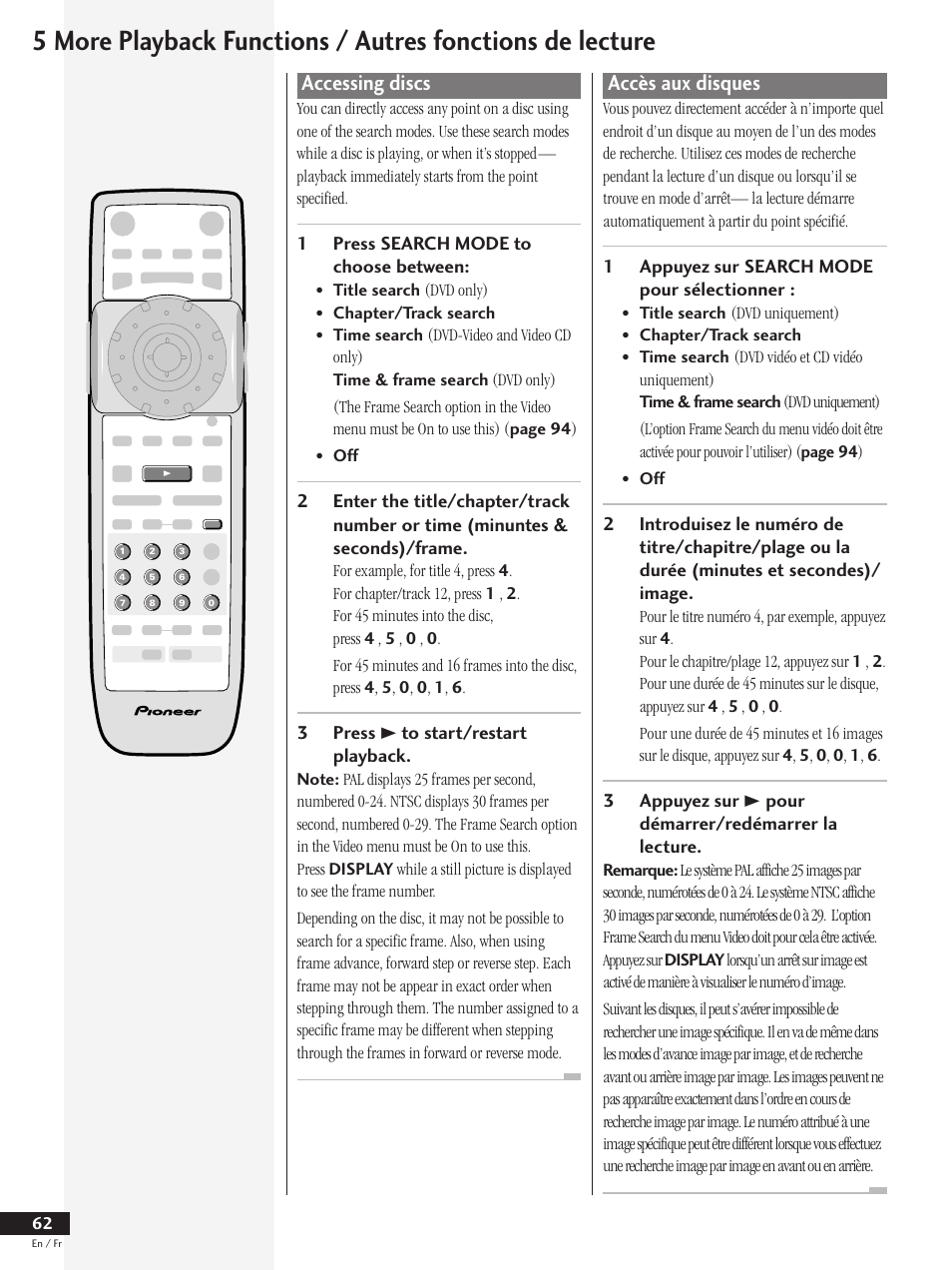 Accessing discs, Accès aux disques | Pioneer DV-737 User Manual | Page 62 / 156