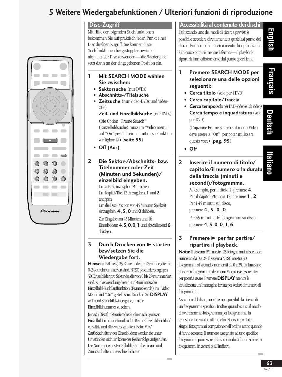 Disc-zugriff, Accessibilità al contenuto dei dischi, English français deutsch italiano | Pioneer DV-737 User Manual | Page 63 / 156