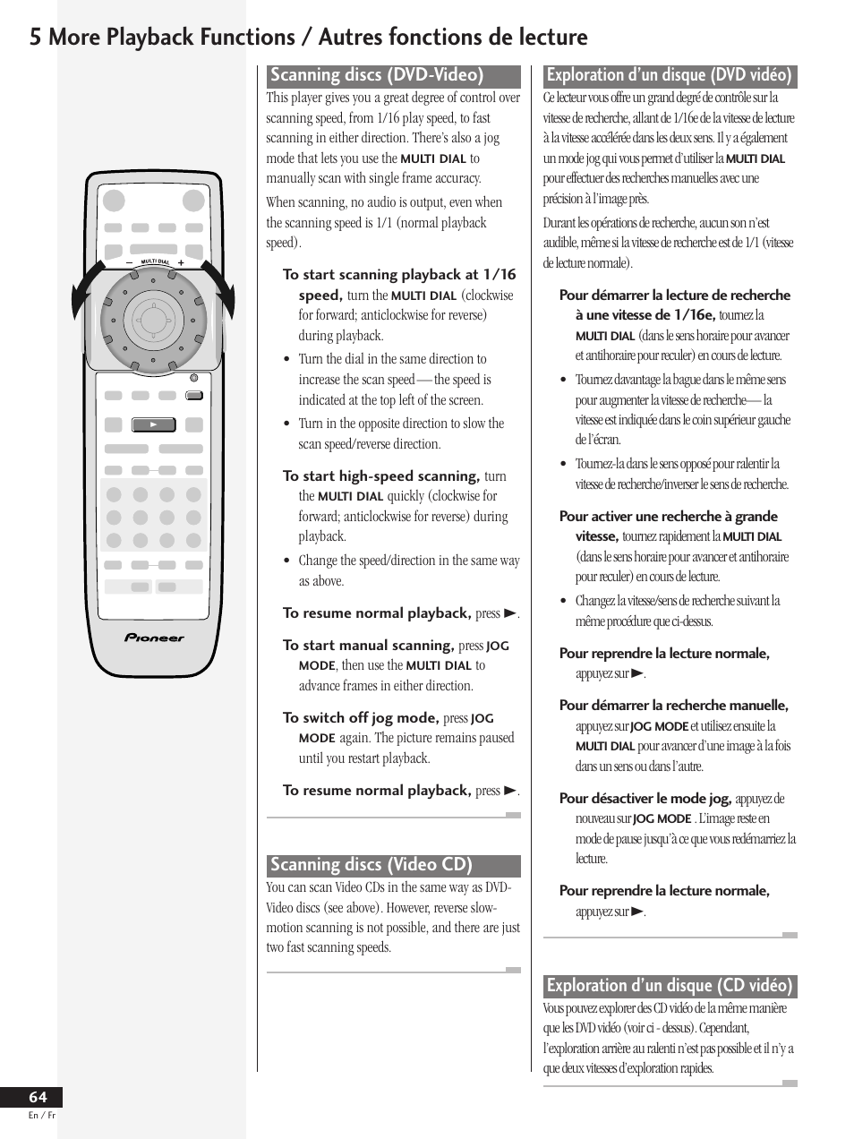 Scanning discs (dvd-video), Scanning discs (video cd), Exploration d’un disque (dvd vidéo) | Exploration d’un disque (cd vidéo) | Pioneer DV-737 User Manual | Page 64 / 156