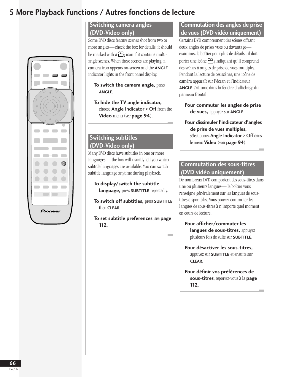 Switching camera angles (dvd-video only), Switching subtitles (dvd-video only), Commutation des sous-titres (dvd vidéo uniquement) | Pioneer DV-737 User Manual | Page 66 / 156