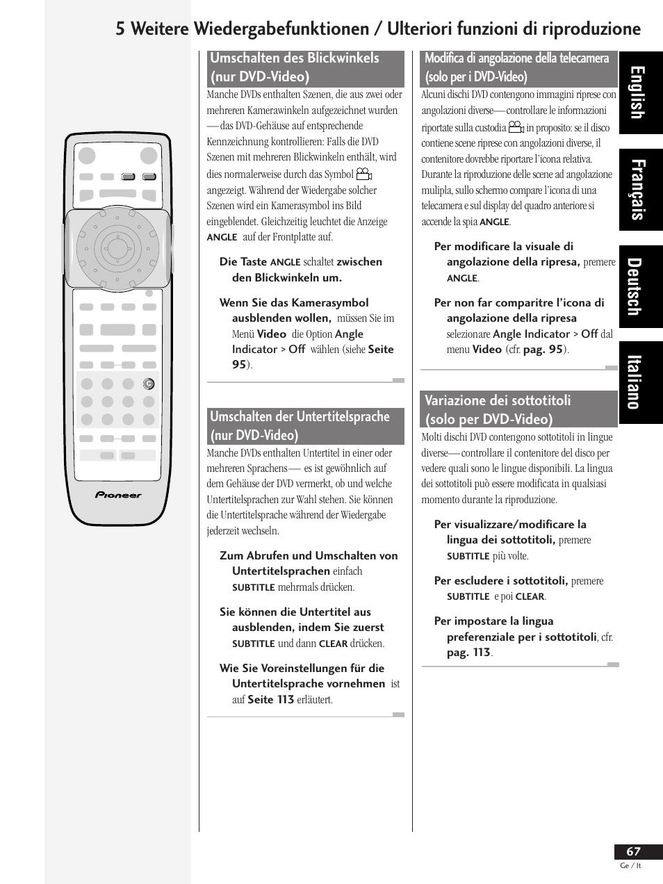 English français deutsch italiano, Variazione dei sottotitoli (solo per dvd-video), Umschalten des blickwinkels (nur dvd-video) | Umschalten der untertitelsprache (nur dvd-video) | Pioneer DV-737 User Manual | Page 67 / 156