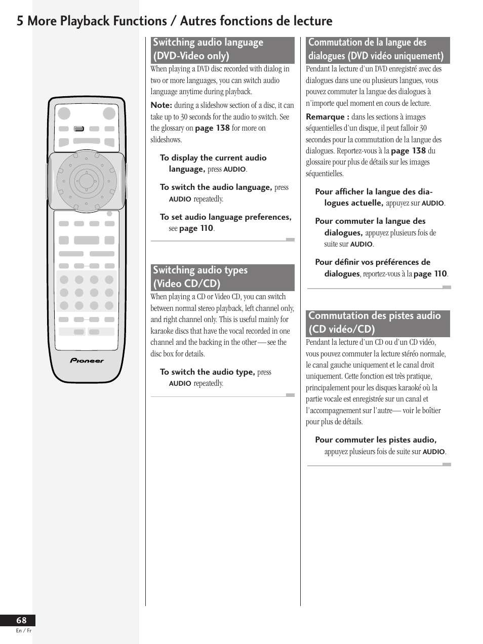 Switching audio language (dvd-video only), Switching audio types (video cd/cd), Commutation des pistes audio (cd vidéo/cd) | Pioneer DV-737 User Manual | Page 68 / 156