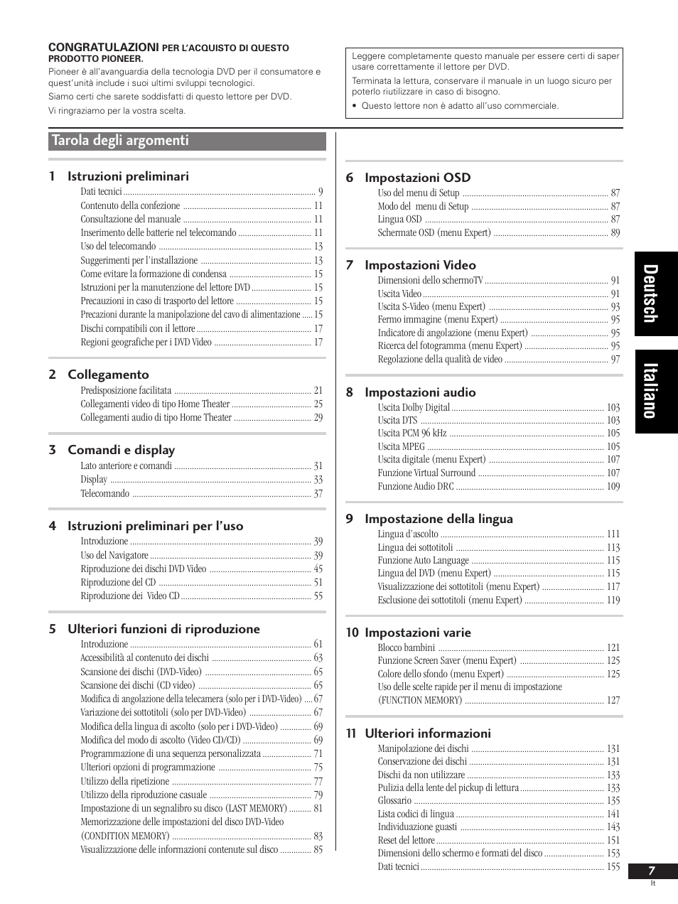 1 istruzioni preliminari, Deutsch italiano, Tarola degli argomenti | Pioneer DV-737 User Manual | Page 7 / 156