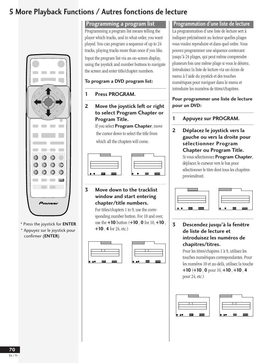 Programming a program list, Programmation d’une liste de lecture, Press the joystick for enter | Appuyez sur le joystick pour confirmer ( enter ) | Pioneer DV-737 User Manual | Page 70 / 156