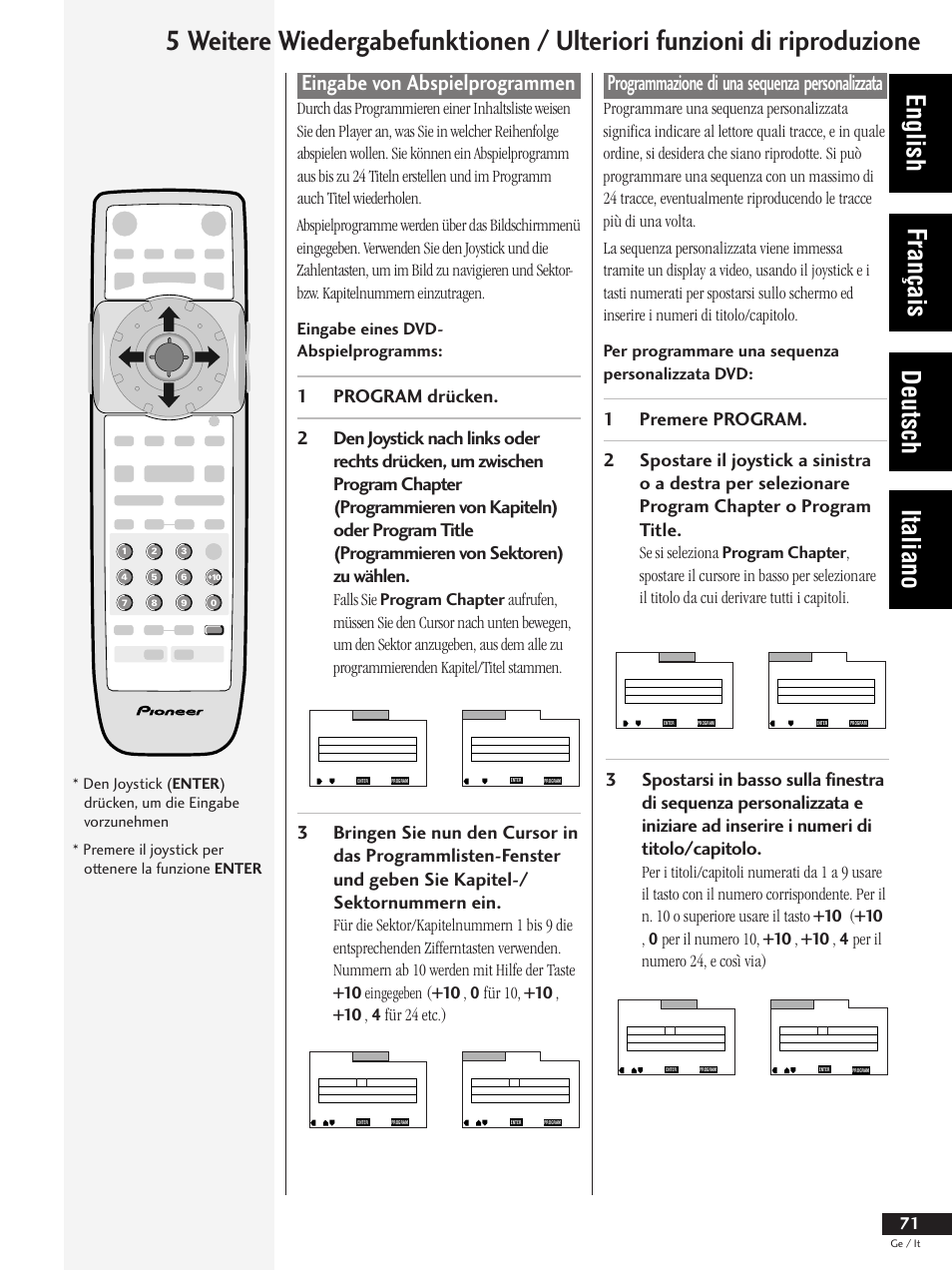 Eingabe von abspielprogrammen, Programmazione di una sequenza personalizzata, English français deutsch italiano | Premere il joystick per ottenere la funzione enter | Pioneer DV-737 User Manual | Page 71 / 156