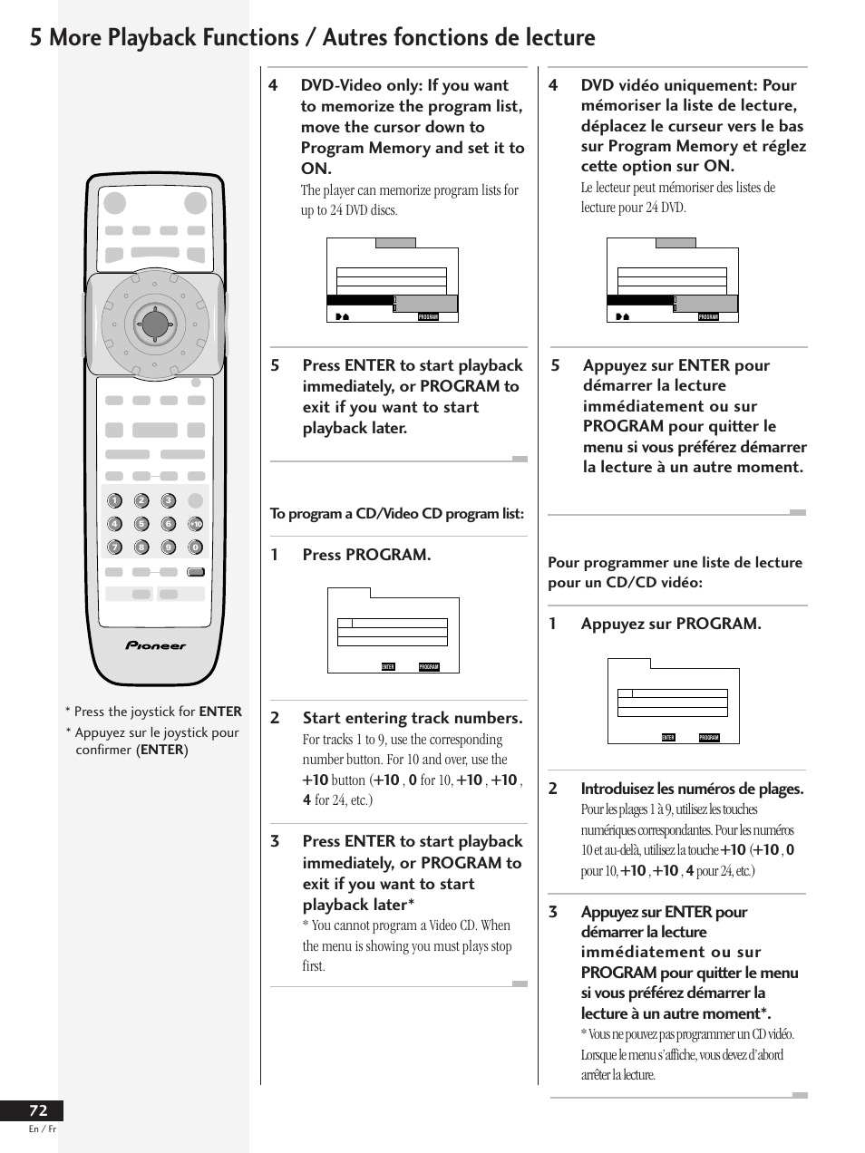 2start entering track numbers, 2introduisez les numéros de plages, Press the joystick for enter | Appuyez sur le joystick pour confirmer ( enter ) | Pioneer DV-737 User Manual | Page 72 / 156