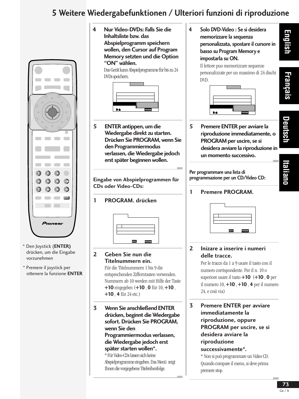 English français deutsch italiano, 2inizare a inserire i numeri delle tracce, 2geben sie nun die titelnummern ein | Programmazione per un cd/video cd, Per programmare una lista di, Premere il joystick per ottenere la funzione enter | Pioneer DV-737 User Manual | Page 73 / 156