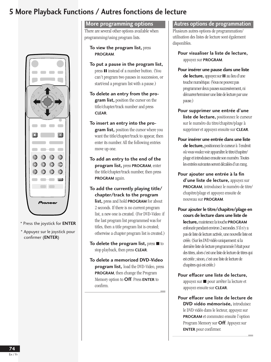 More programming options, Autres options de programmation | Pioneer DV-737 User Manual | Page 74 / 156