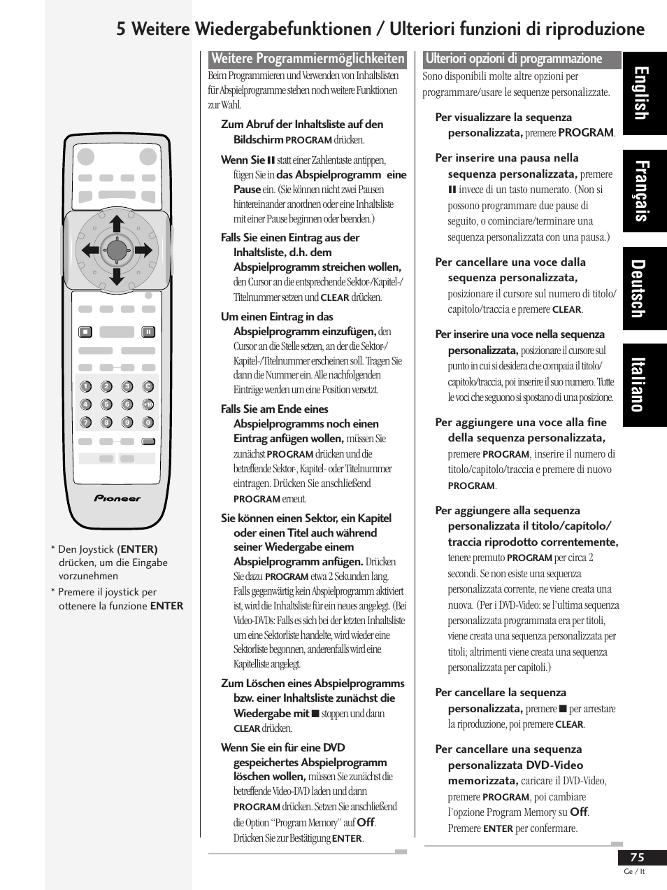 Weitere programmiermöglichkeiten, Ulteriori opzioni di programmazione, English français deutsch italiano | Pioneer DV-737 User Manual | Page 75 / 156