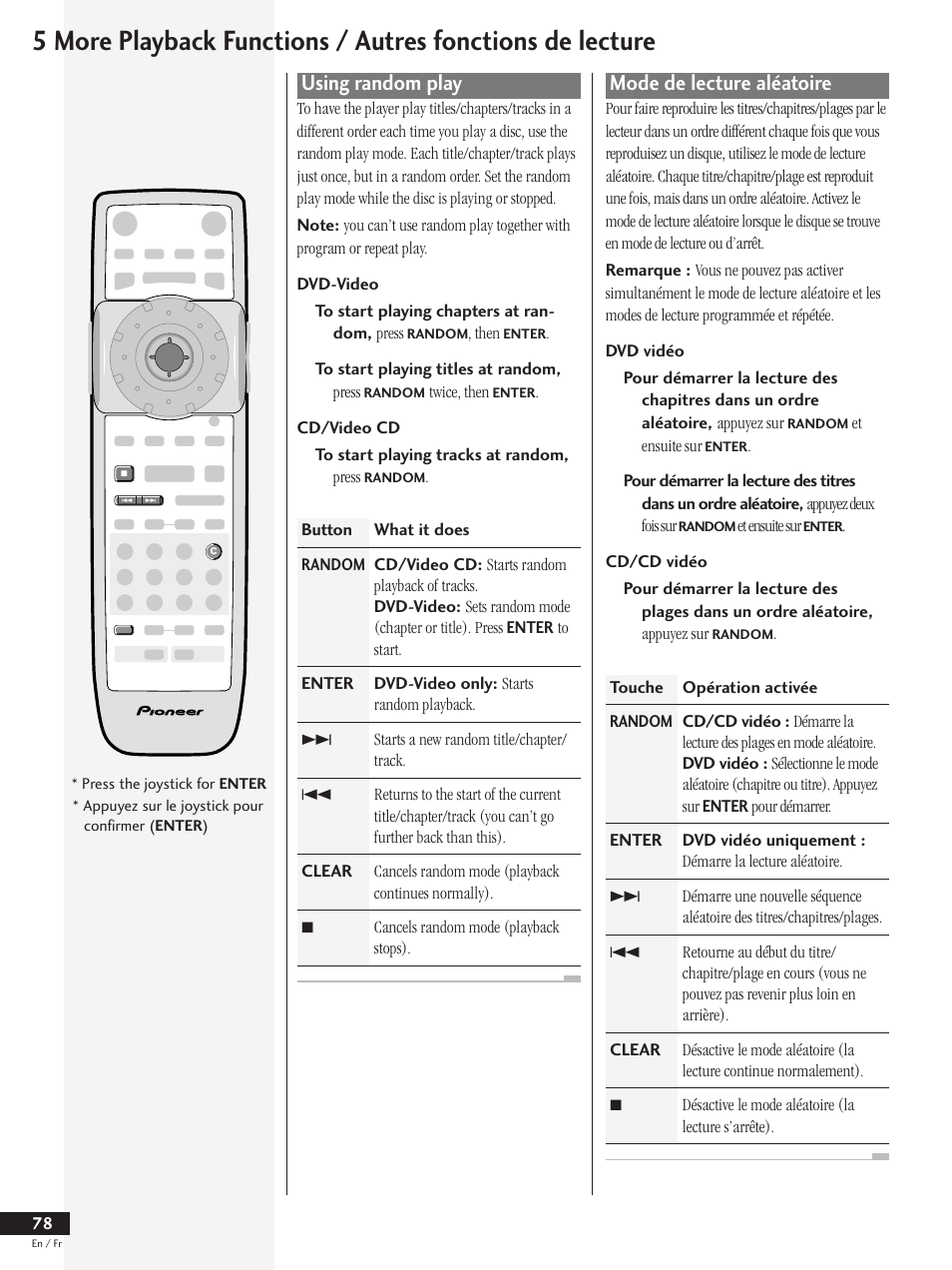 Using random play, Mode de lecture aléatoire | Pioneer DV-737 User Manual | Page 78 / 156