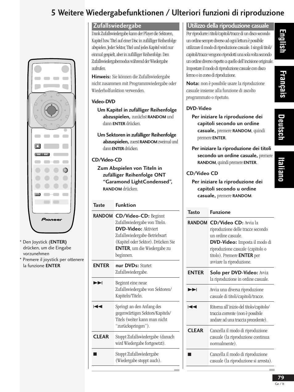 Zufallswiedergabe, Utilizzo della riproduzione casuale, English français deutsch italiano | Pioneer DV-737 User Manual | Page 79 / 156