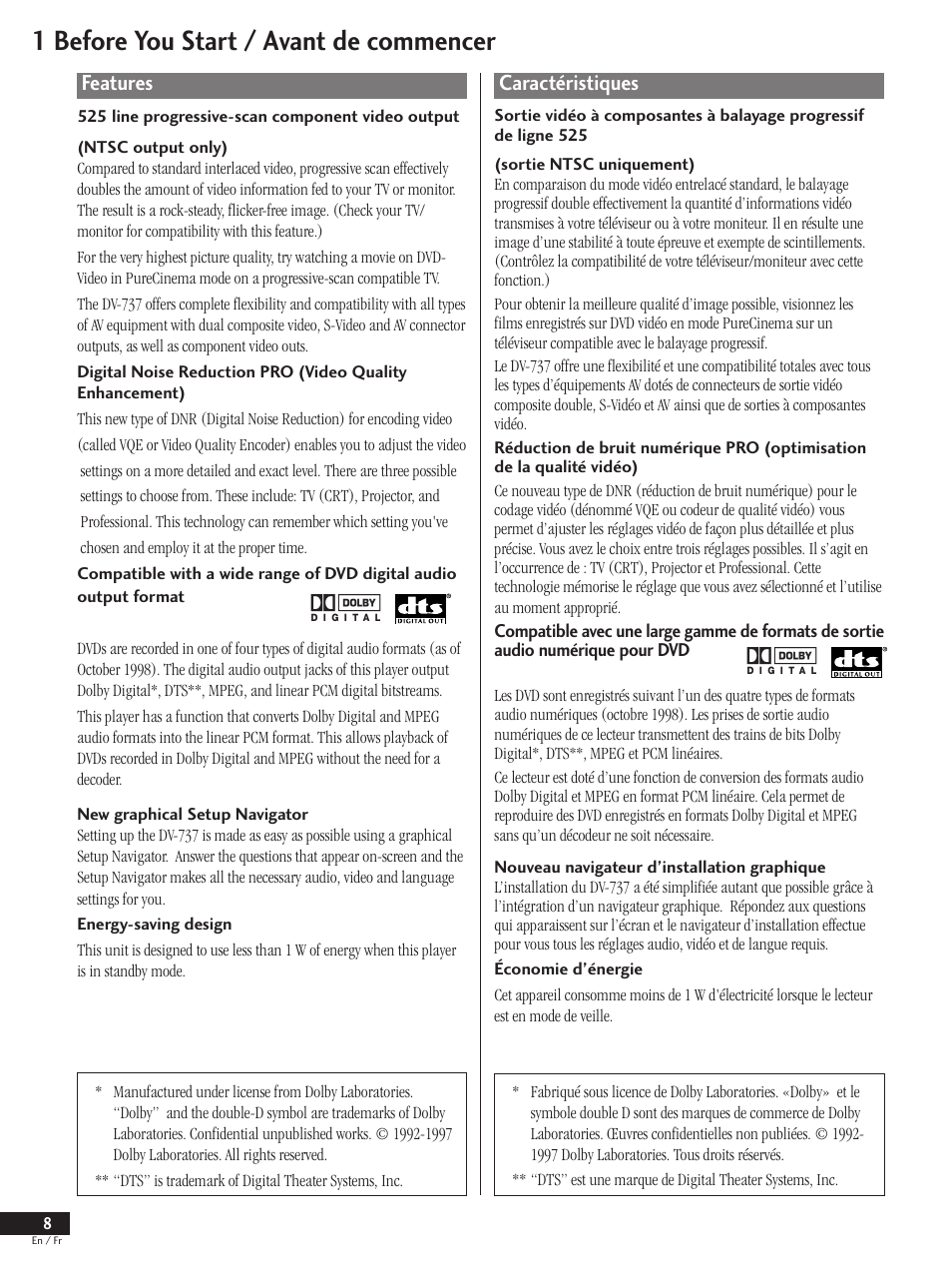 Features, Caractéristiques, 1 before you start / avant de commencer | Pioneer DV-737 User Manual | Page 8 / 156