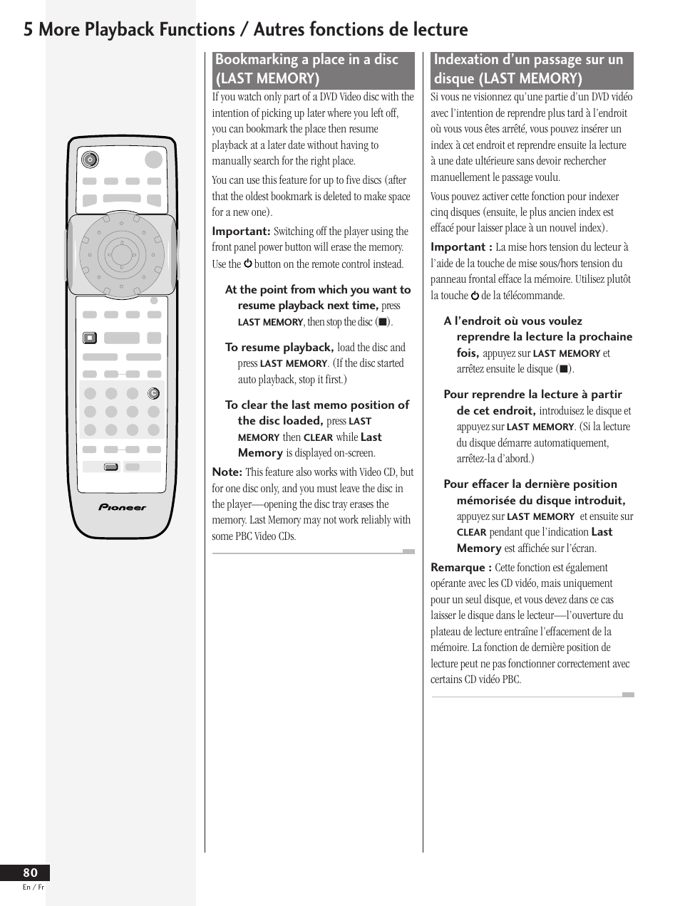 Bookmarking a place in a disc (last memory) | Pioneer DV-737 User Manual | Page 80 / 156