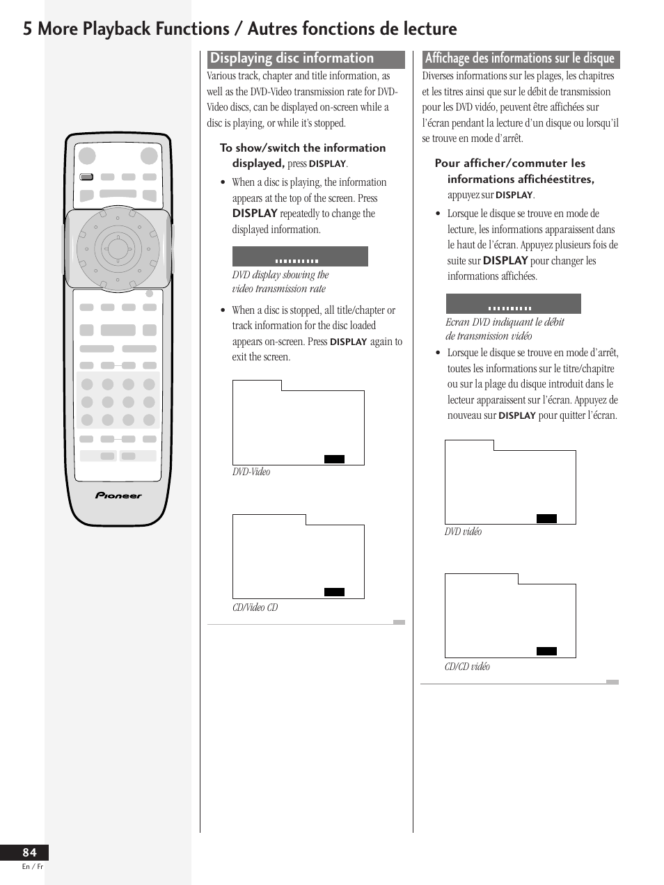 Displaying disc information, Affichage des informations sur le disque, Again to exit the screen | Pour quitter l’écran, Dvd display showing the video transmission rate, Dvd-video, Cd/video cd, Ecran dvd indiquant le débit de transmission vidéo, Dvd vidéo, Cd/cd vidéo | Pioneer DV-737 User Manual | Page 84 / 156