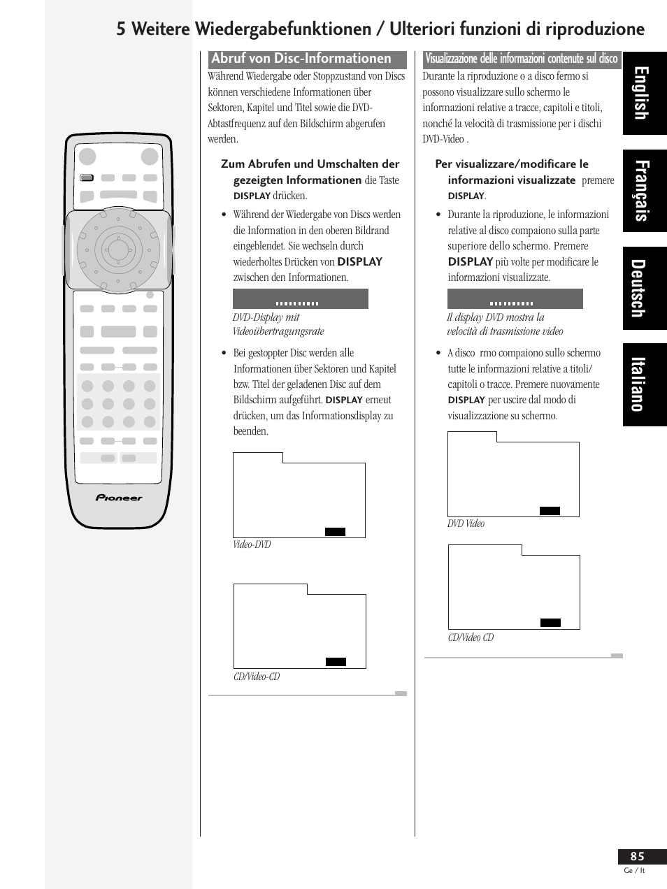 Abruf von disc-informationen, English français deutsch italiano, Per uscire dal modo di visualizzazione su schermo | Pioneer DV-737 User Manual | Page 85 / 156