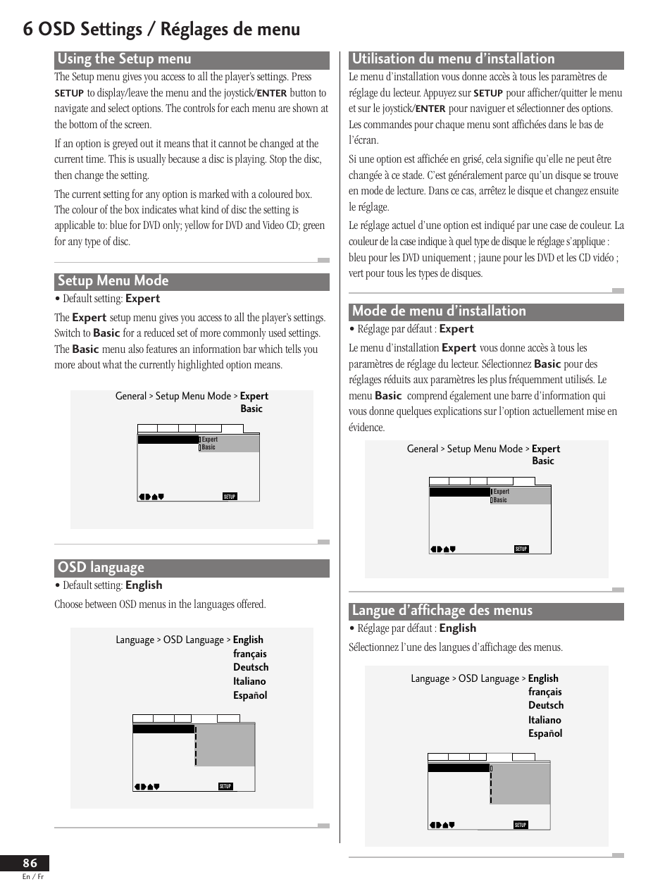 Using the setup menu setup menu mode osd language, 6 osd settings / réglages de menu, Using the setup menu | Osd language, Setup menu mode, Utilisation du menu d’installation, Langue d’affichage des menus, Mode de menu d’installation, Pour afficher/quitter le menu et sur le joystick | Pioneer DV-737 User Manual | Page 86 / 156