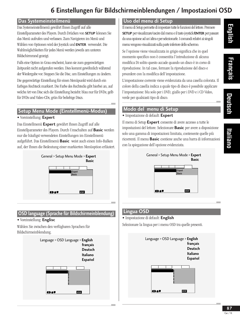 English français deutsch italiano, Uso del menu di setup, Lingua osd | Modo del menu di setup, Das systemeinstellmenü, Osd language (sprache für bildschirmeinblendung), Setup menu mode (einstellmenü-modus) | Pioneer DV-737 User Manual | Page 87 / 156