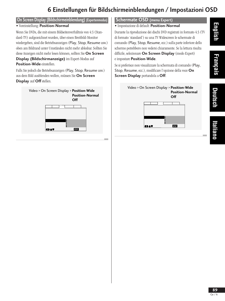 Schermate osd (menu expert), English français deutsch italiano, Schermate osd | On screen display (bildschirmeinblendung) | Pioneer DV-737 User Manual | Page 89 / 156