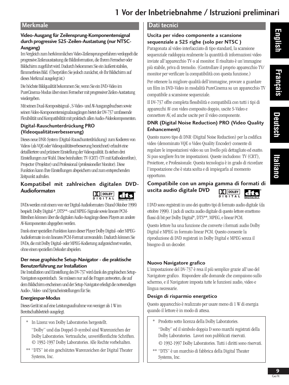 Merkmale, Dati tecnici, 1 vor der inbetriebnahme / istruzioni preliminari | English français deutsch italiano | Pioneer DV-737 User Manual | Page 9 / 156