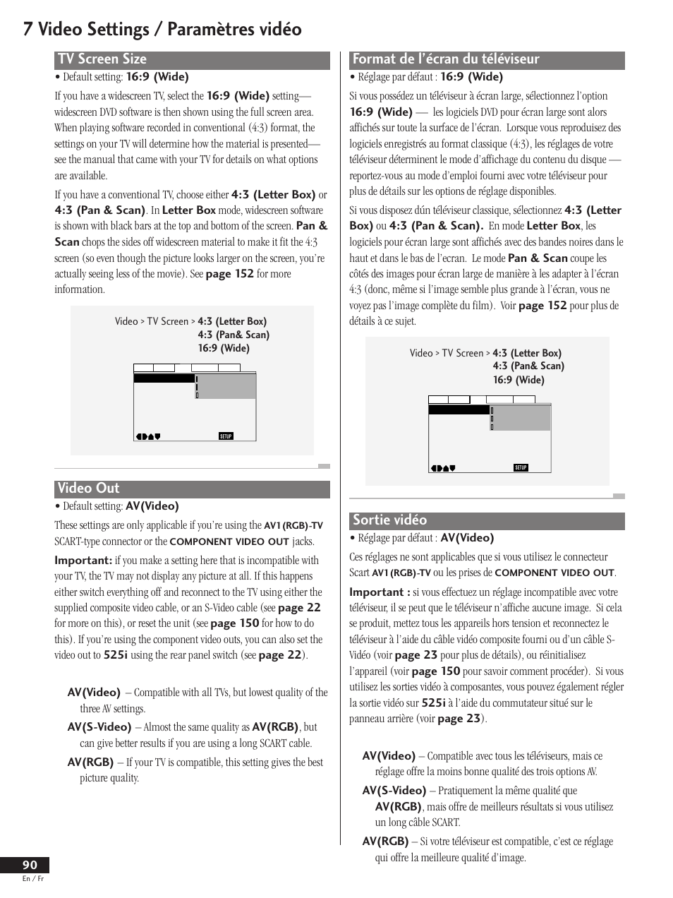 Tv screen size video out, Format de l’écran du téléviseur sortie vidéo, 7 video settings / paramètres vidéo | Tv screen size, Video out, Format de l’écran du téléviseur, Sortie vidéo | Pioneer DV-737 User Manual | Page 90 / 156