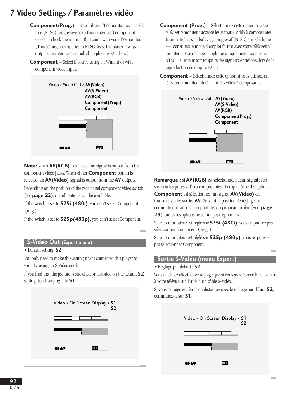 S-video out (expert menu), Sortie s-vidéo (menu expert), 7 video settings / paramètres vidéo | S-video out, Video > on screen display > s1 s2 | Pioneer DV-737 User Manual | Page 92 / 156