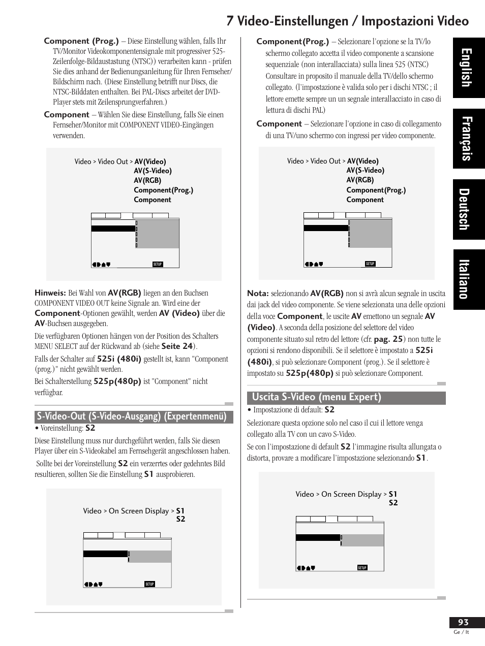 S-video out (s-video-ausgang) (expertenmenü), Uscita s-video (menu expert), 7 video-einstellungen / impostazioni video | English français deutsch italiano, S-video-out (s-video-ausgang) (expertenmenü), Video > on screen display > s1 s2 | Pioneer DV-737 User Manual | Page 93 / 156