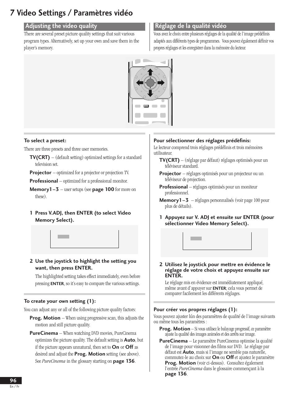 Adjusting the video quality, Réglage de la qualité vidéo, 7 video settings / paramètres vidéo | Pioneer DV-737 User Manual | Page 96 / 156