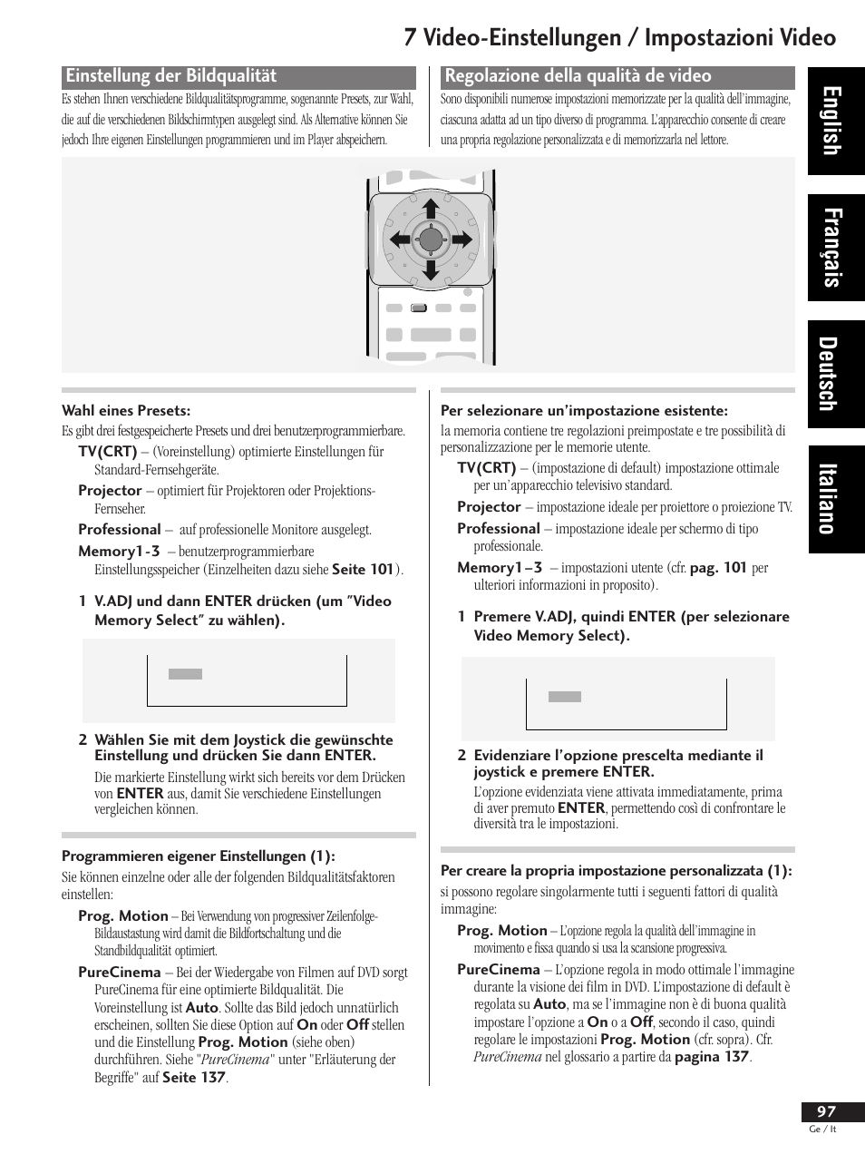 Einstellung der bildqualität, Regolazione della qualità de video, 7 video-einstellungen / impostazioni video | English français deutsch italiano | Pioneer DV-737 User Manual | Page 97 / 156