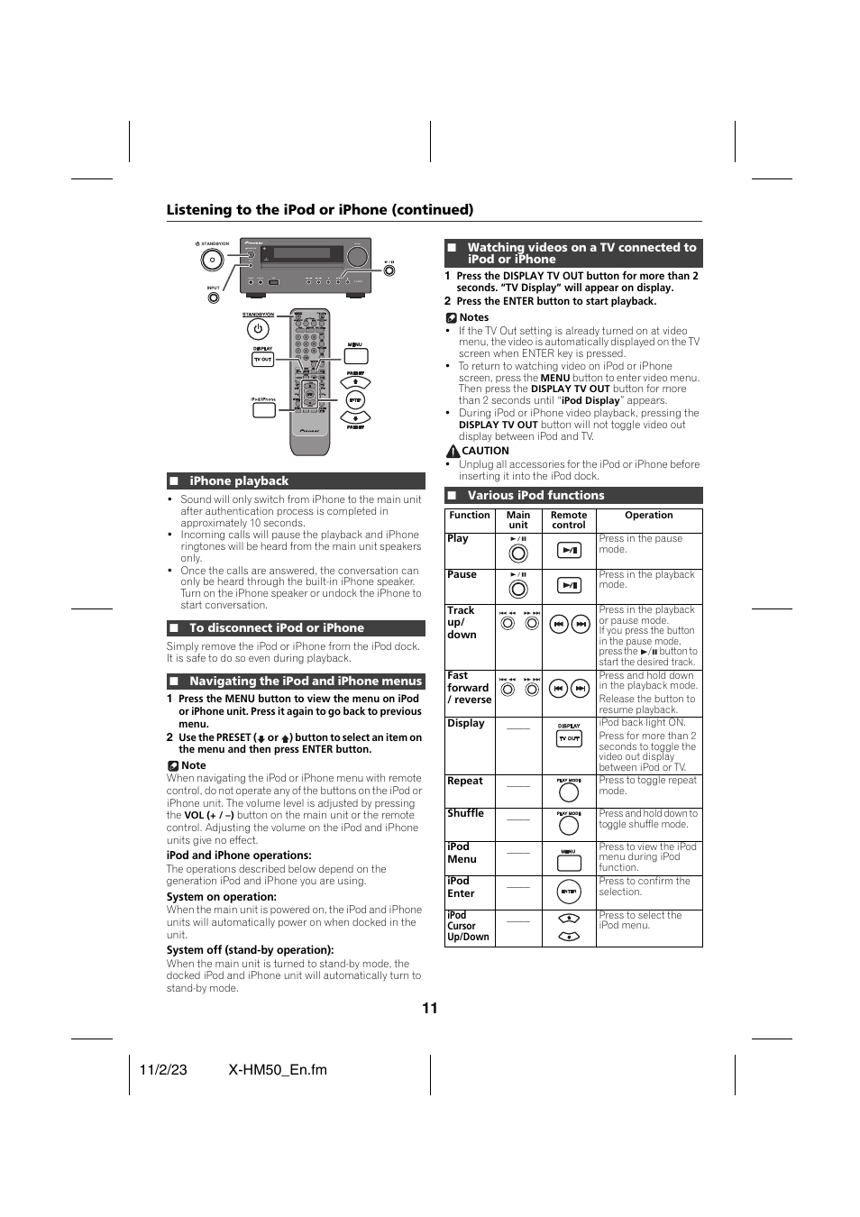 Listening to the ipod or iphone (continued), Iphone playback, To disconnect ipod or iphone | Navigating the ipod and iphone menus, Various ipod functions | Pioneer X-HM50-K User Manual | Page 11 / 28