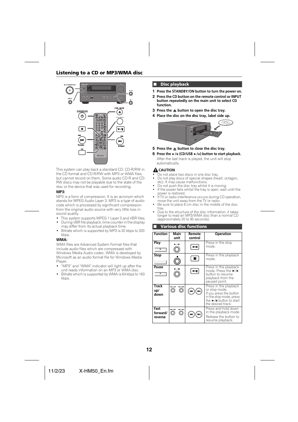 Listening to a cd or mp3/wma disc, Disc playback, Various disc functions | Cd or mp3/wma disc playback | Pioneer X-HM50-K User Manual | Page 12 / 28