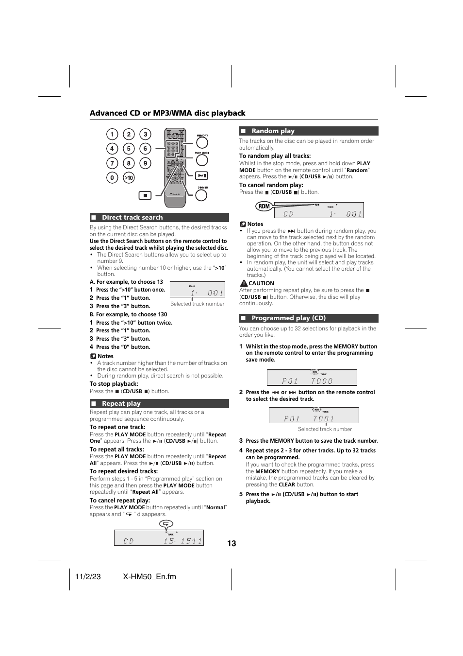 Advanced cd or mp3/wma disc playback, Direct track search, Repeat play | Random play, Programmed play (cd), Advanced cd or mp3/wma disc playback - 14 | Pioneer X-HM50-K User Manual | Page 13 / 28