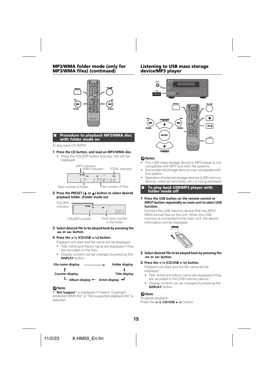 Listening to usb mass storage device/mp3 player, To play back usb/mp3 player with folder mode off | Pioneer X-HM50-K User Manual | Page 15 / 28