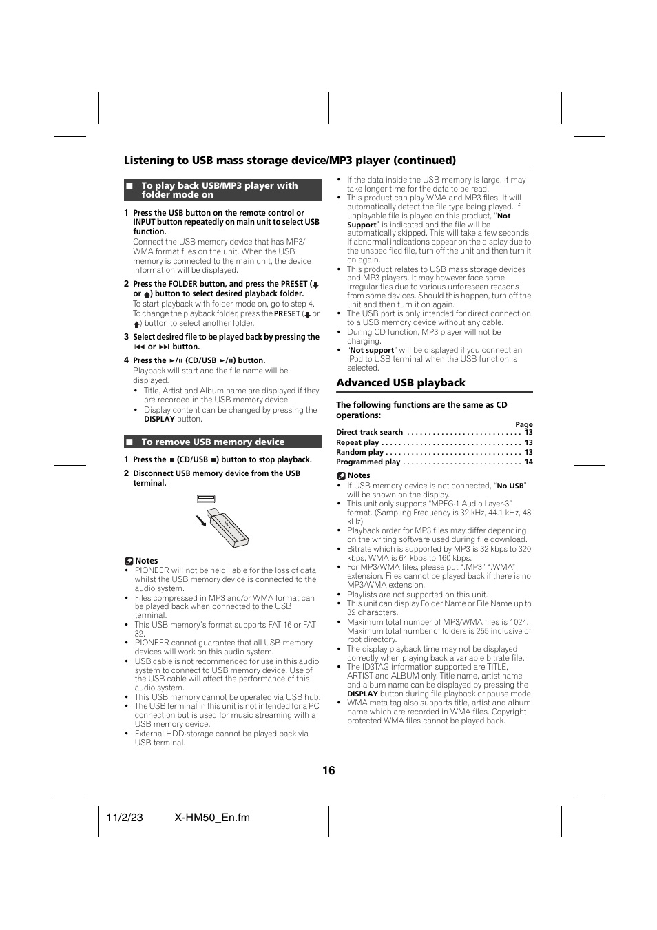 To play back usb/mp3 player with folder mode on, To remove usb memory device, Advanced usb playback | Direct track search 13, Repeat play 13, Random play 13, Programmed play 14 | Pioneer X-HM50-K User Manual | Page 16 / 28