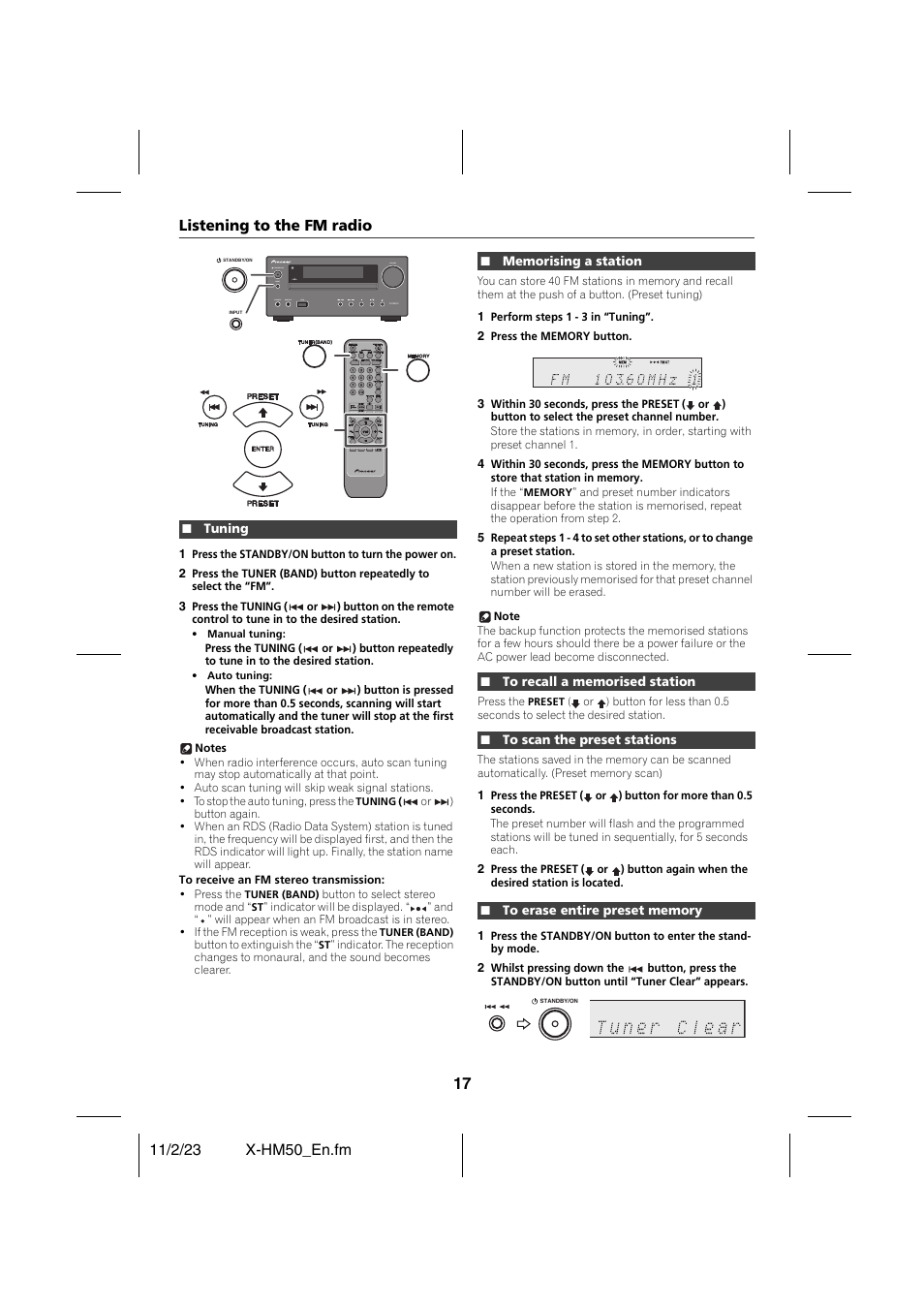 Listening to the fm radio, Tuning, Memorising a station | To recall a memorised station, To scan the preset stations, To erase entire preset memory, Radio | Pioneer X-HM50-K User Manual | Page 17 / 28